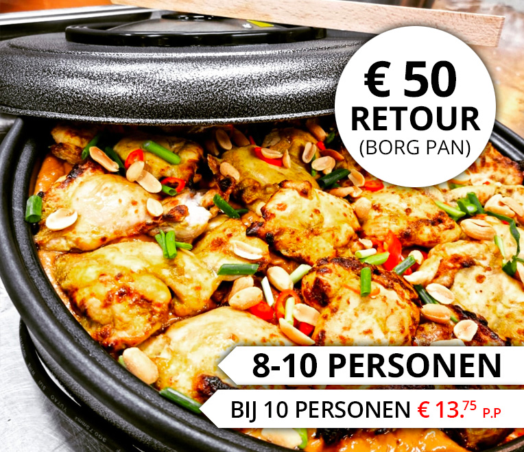 Afbeelding van Maaltijdpan - Kippendij Sate met satesaus, brood en ingemaakte komkommer