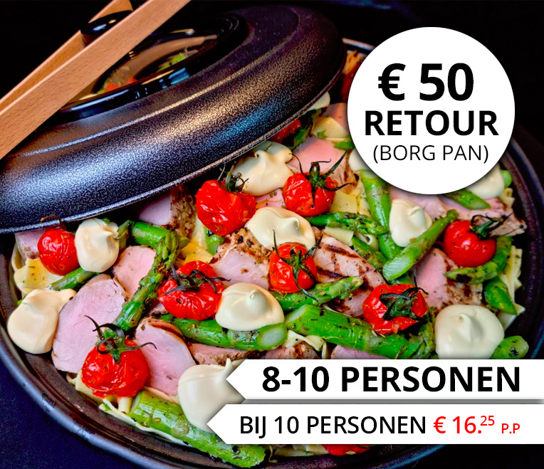 Afbeelding van Maaltijdpan - Pasta  met gegrilde varkenshaas inclusief salades, brood en smeersel